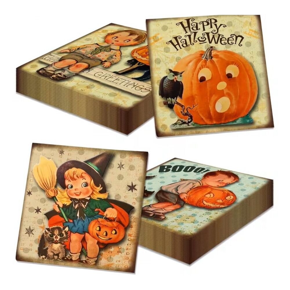 20 Vintage Style Halloween Napkins Retro Witch Pumpkin Cat Decoupage Crafts